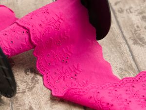 Spitze Broderie Baumwolle ca. 90mm - Blumen und Blätter - pink