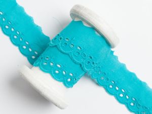 Spitze Broderie Baumwolle ca. 30mm - Blätter - türkis
