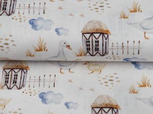 Webware Popeline Digitaldruck Snoozy Farm-Stil - Gänse auf dem Bauernhof - wollweiß