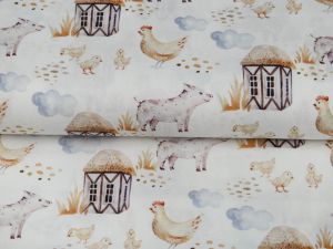 Webware Popeline Digitaldruck Snoozy Farm-Stil - Hühner auf dem Bauernhof - wollweiß