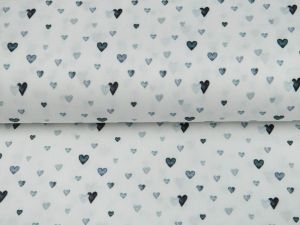 Webware Popeline Digitaldruck Snoozy Herzen - Wasserfarbene Herzen - weiß-blau