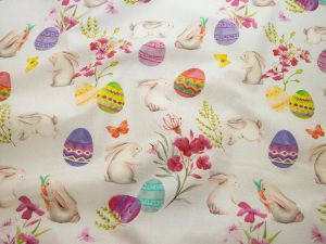 Webware Baumwolle Swafing - Happy Easter - bunte Ostereier und Hasen - hellgrau