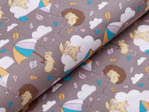 Webware Baumwolle Patchwork - Igel und Hasen - dunkles grau