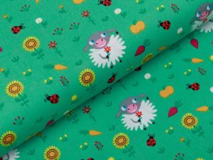 Webware Baumwolle Popeline - Schafe auf einer Wiese - grün