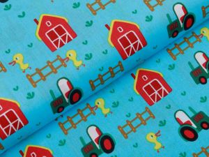 Webware Baumwolle Popeline - Bauernhof - blau