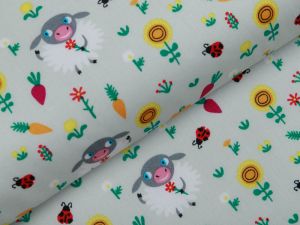 Webware Baumwolle Popeline - Schafe auf einer Wiese - helles mint