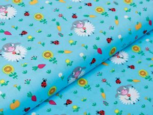 Webware Baumwolle Popeline - Schafe auf einer Wiese - blau