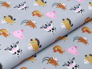 Webware Baumwolle Popeline - lustige Bauernhof-Tiere - grau