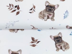 Webware Baumwolle Popeline Digitaldruck Mix Frenchie Snoozy - große Bulldoggen und Zweige - weiß
