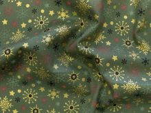 Webware Popeline Baumwolle mit Foliendruck - Schneeflocken - dunkelgrün