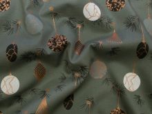 Webware Popeline Baumwolle mit Foliendruck - Weihnachtskugeln - grün - grau