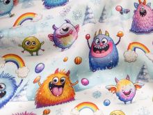 Jackenstoff mit Fleece - Innenseite Digitaldruck - verrückte Monster - hellblau