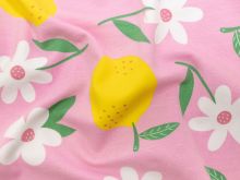 Nahaufnahme von Jersey Digitaldruck - Zitronen und Blümchen - rosa