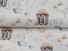 Webware Popeline Digitaldruck Snoozy Farm-Stil - Gänse auf dem Bauernhof - wollweiß