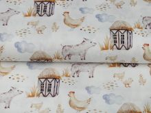 Webware Popeline Digitaldruck Snoozy Farm-Stil - Hühner auf dem Bauernhof - wollweiß