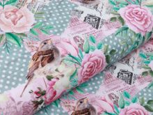 Jersey Digitaldruck - Vögel und Blumen - rosa