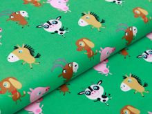 Webware Baumwolle Popeline - lustige Bauernhof-Tiere - grün