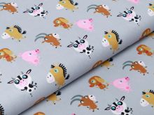 Webware Baumwolle Popeline - lustige Bauernhof-Tiere - grau