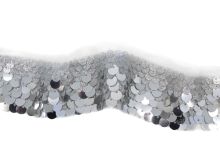 Nahaufnahme von einer Pailetten Borte in der Farbe silber