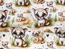 Nahaufnahme von Jersey Digitaldruck – süße Geparden – weiß