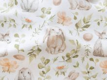 Nahaufnahme von Dekostoff Half-Panama - süße Häschen - weiß