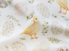 Nahaufnahme von Dekostoff Half-Panama - süße Häschen und Küken  - weiß