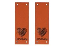 2 Knick-Label aus ökologischem Kunstleder ca. 20x60mm - Handmade-Herz unten - hellbraun